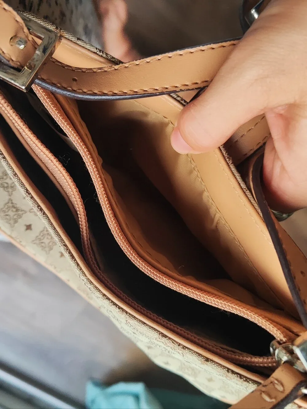 Beige Canvas Shoulder Bag with Buckle Detail